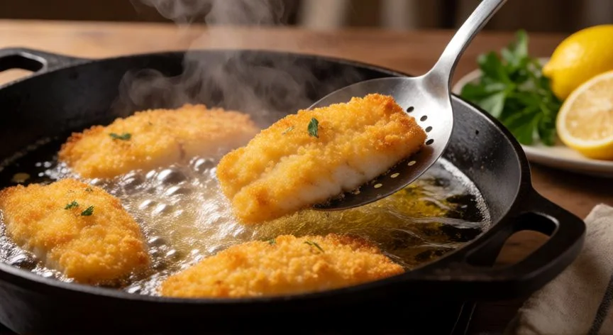 mejor forma de rebozar pescado, Pescado rebozado dorándose en aceite de girasol en sartén de hierro