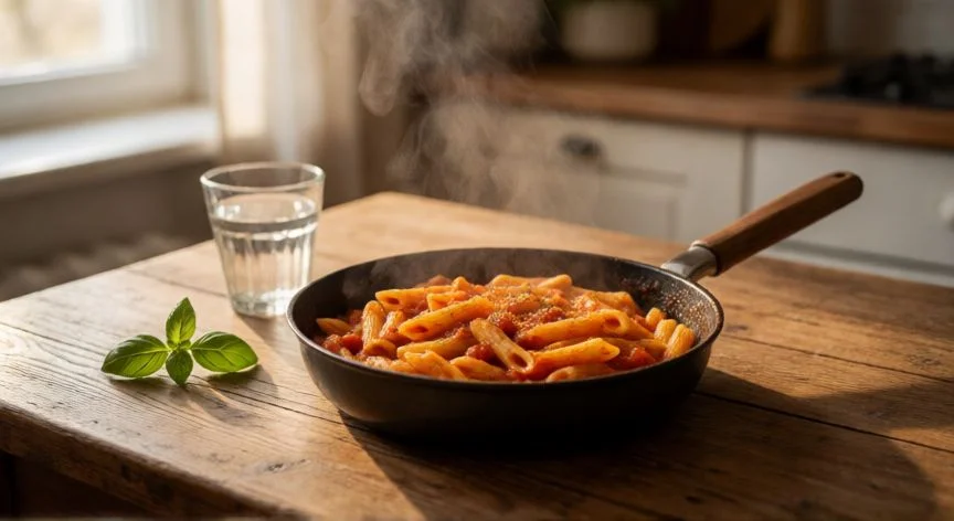 mejor forma de recalentar pasta, Pasta de penne recalentada en sartén con salsa de tomate y albahaca sobre mesa de madera
