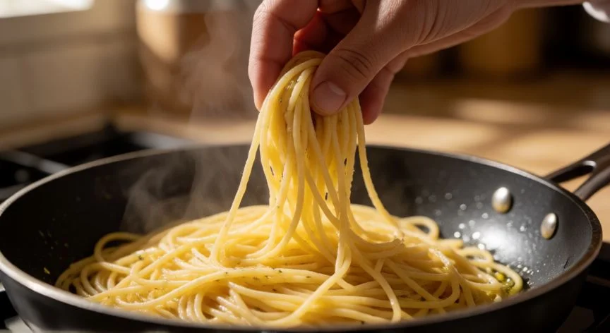 mejor forma de recalentar pasta, Manos removiendo espaguetis en sartén con aceite de oliva y mantequilla dorada
