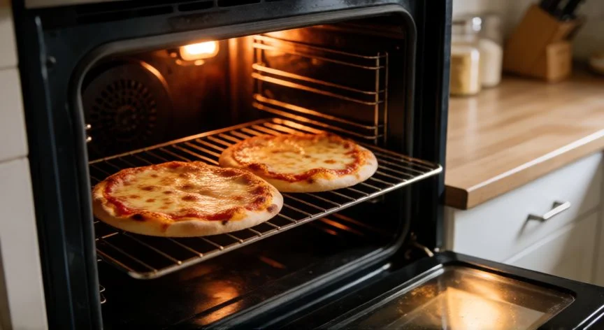 mejor forma de recalentar pizza, Porciones de pizza recalentándose sobre la rejilla del horno doméstico