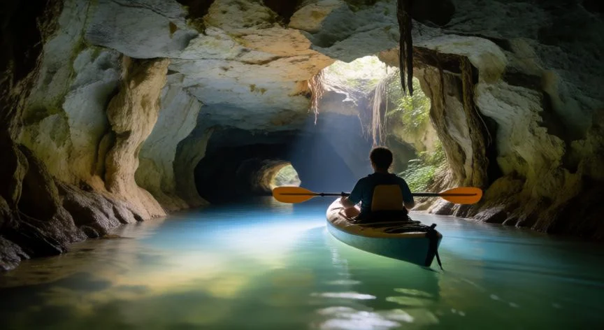 mejor forma de recorrer xcaret, Kayak en el río subterráneo de Xcaret con luz natural filtrándose
