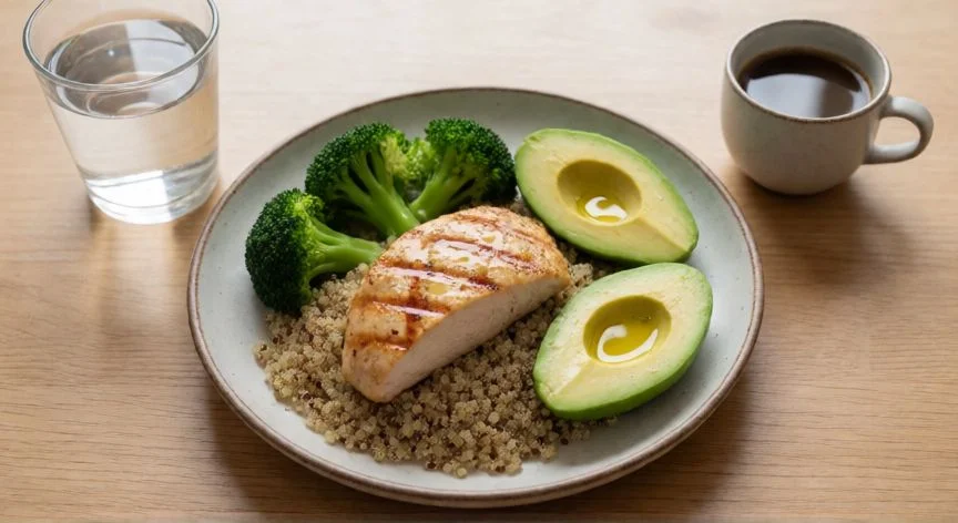 mejor forma de reducir grasa abdominal, Comida equilibrada con proteína, verduras y grasas saludables