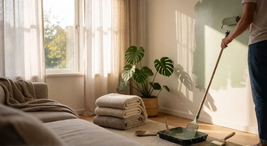 mejor forma de refrescar la casa, Persona pintando una pared en verde salvia para refrescar el salón
