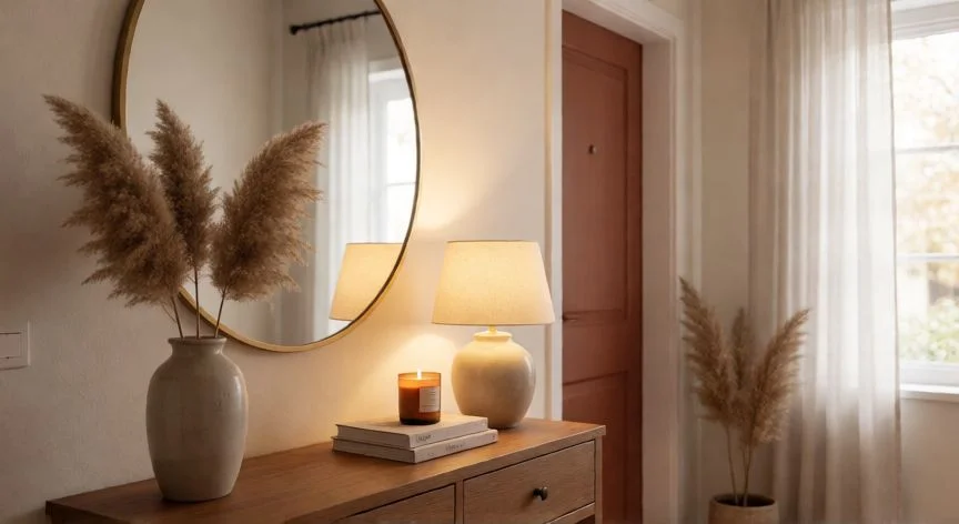 mejor forma de refrescar la casa, Recibidor renovado con espejo, mesa auxiliar y velas aromáticas
