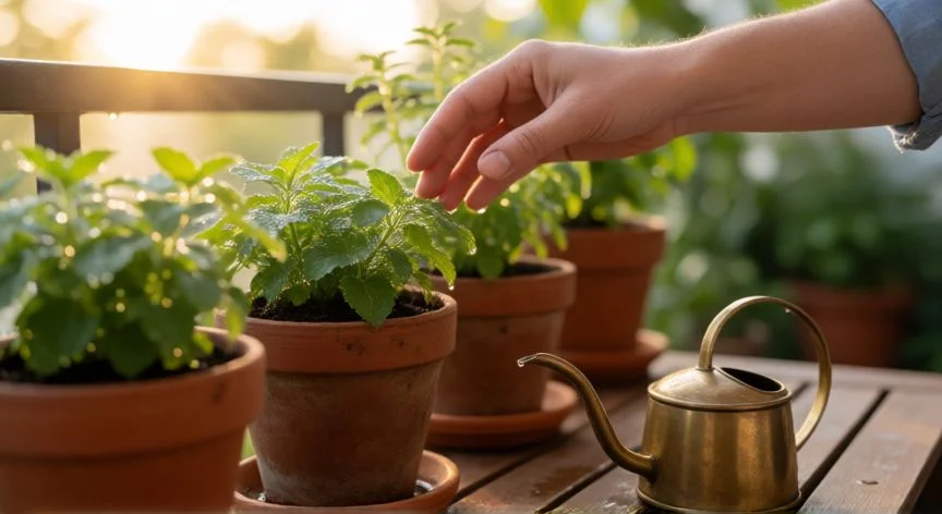 mejor forma de regar las plantas, Manos regando plantas en maceta al amanecer con regadera de bronce