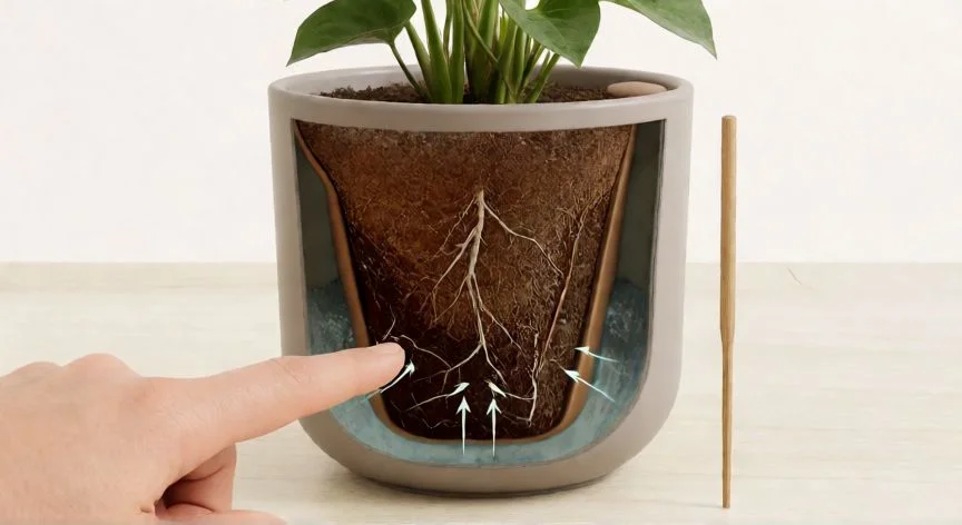 mejor forma de regar las plantas, Sección de maceta mostrando zona húmeda y seca del sustrato con dedo de prueba