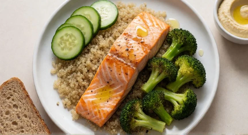 mejor forma de romper el ayuno, Comida principal post-ayuno con salmón, quinoa y verduras