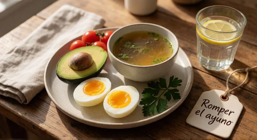 mejor forma de romper el ayuno intermitente, Plato equilibrado para romper el ayuno intermitente con huevos, aguacate y caldo