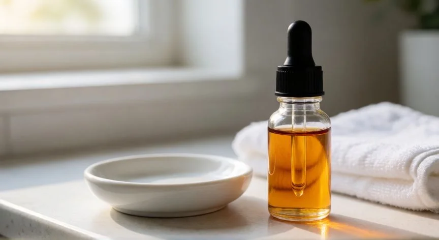 mejor forma de sacar agua del oído, Gotero con mezcla de alcohol y vinagre para gotas caseras en el oído sobre encimera de baño