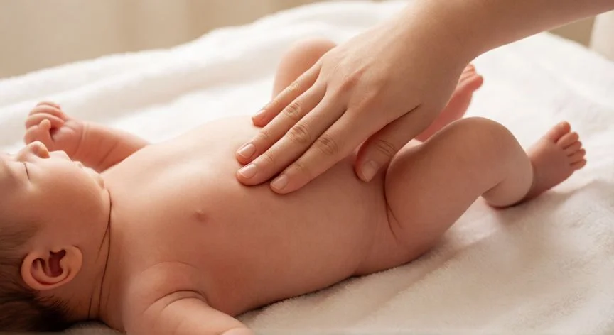 mejor forma de sacar gases a un bebe recien nacido, Masaje abdominal en sentido horario a un bebé recién nacido en posición tumba