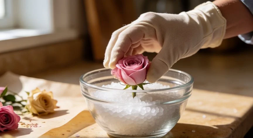 mejor forma de secar flores, Manos colocando una rosa sobre gel de sílice en un recipiente de vidrio