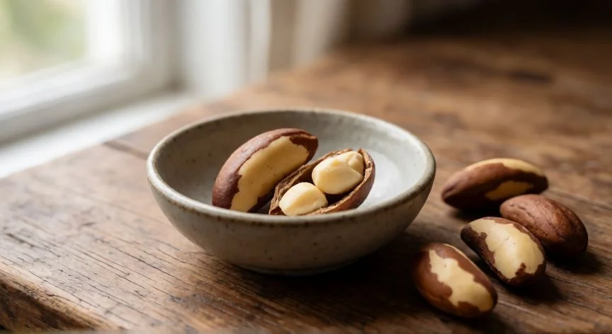 mejor forma de selenio, Frutas de Brasil enteras y una abierta sobre mesa de madera, fuente natural de selenometionina