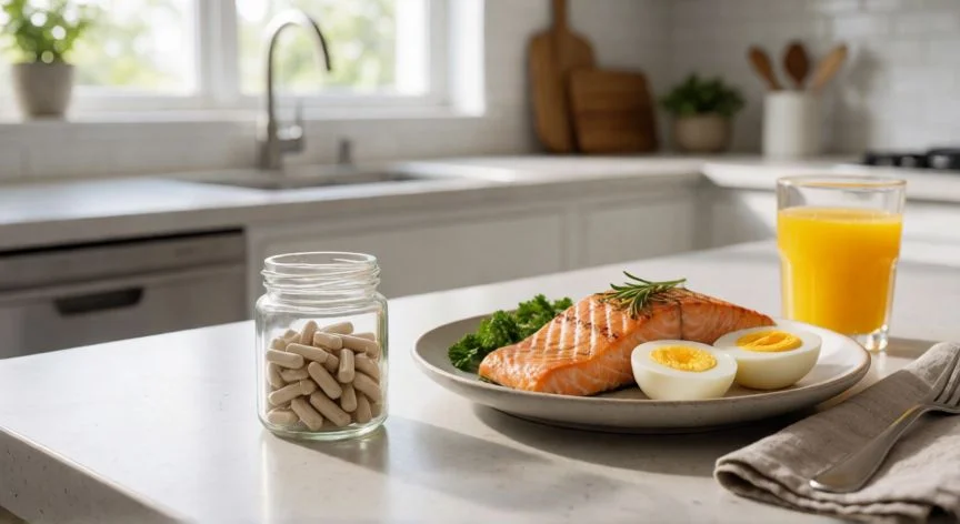 mejor forma de selenio, Suplemento de levadura selenizada junto a alimentos ricos en selenio como salmón y huevos
