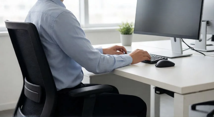 mejor forma de sentarse, Persona con postura ergonómica correcta sentada en silla de oficina