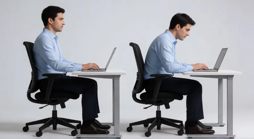 mejor forma de sentarse, Comparación de postura sentada correcta vs incorrecta en silla de oficina
