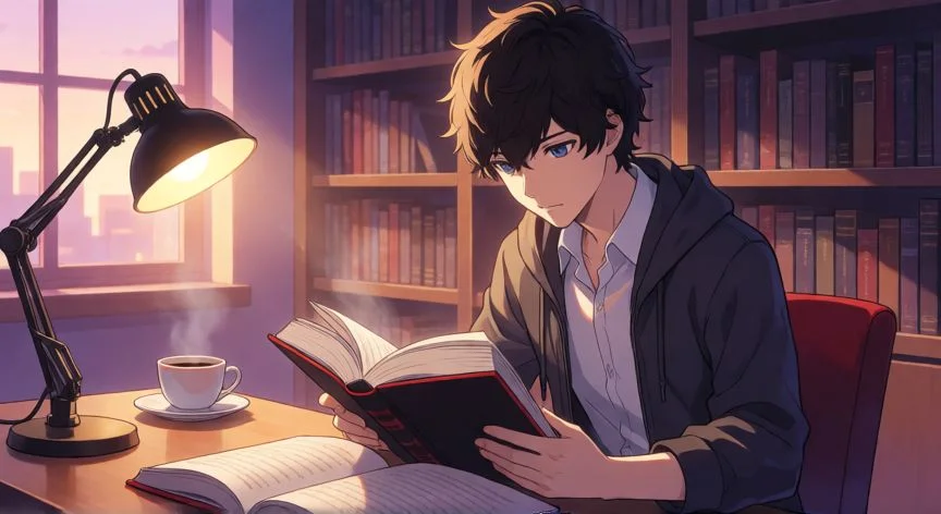mejor forma de subir coraje persona 5 royal, Protagonista estudiando en la biblioteca para subir Magia y Precisión