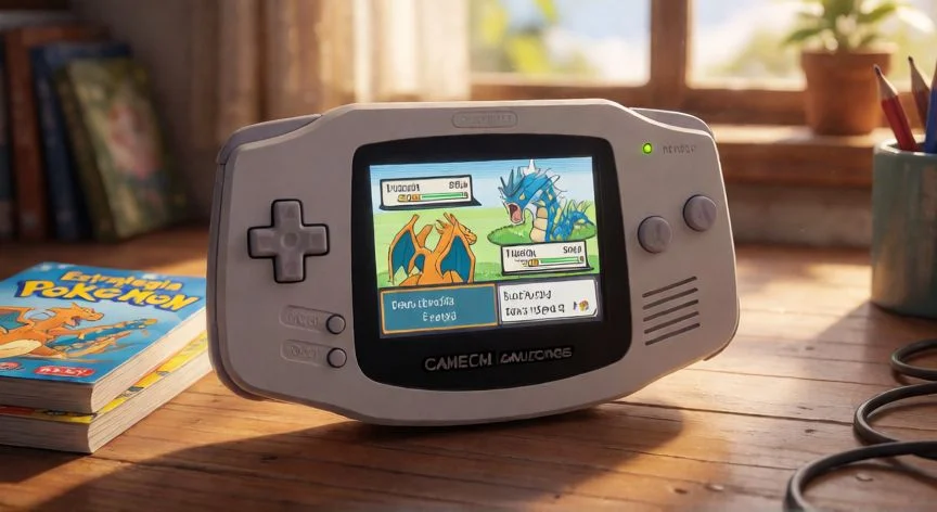 mejor forma de subir de nivel en pokemon rojo fuego, Consola GBA con una batalla de Pokémon en pantalla junto a guías de estrategia sobre un escritorio