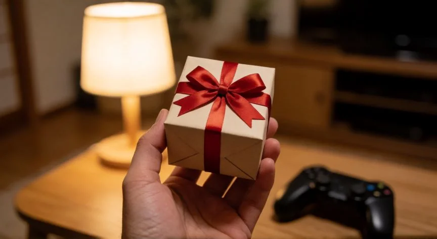 mejor forma de subir gentileza persona 5 royal, Mano sosteniendo un regalo envuelto en un interior acogedor estilo japonés
