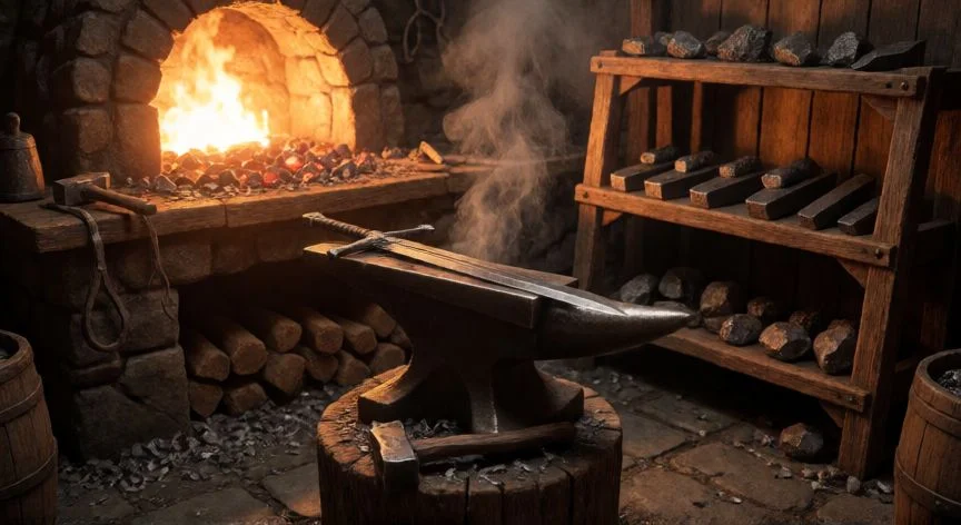 mejor forma de subir herreria skyrim, Forja de herrero en Skyrim con fragua encendida y yunque con espada en forja
