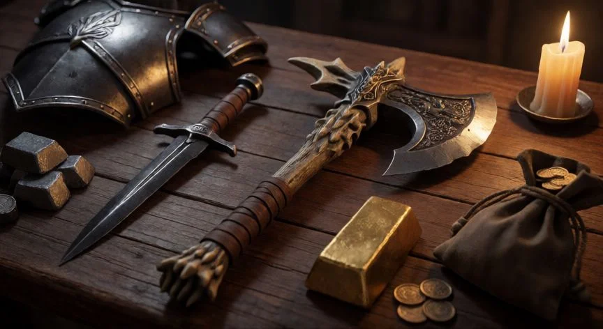 mejor forma de subir herreria skyrim, Armas y materiales de herrería sobre una mesa en estilo Skyrim