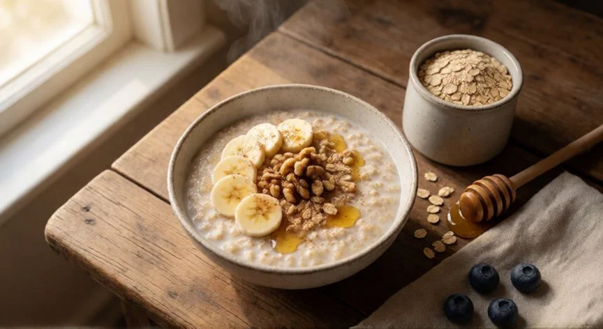 Bowl de avena cocida con plátano, nueces y miel sobre mesa de madera
