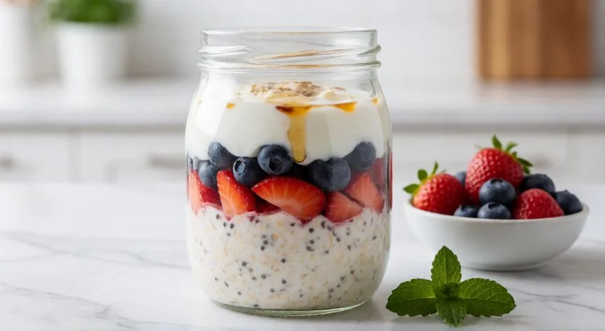 mejor forma de tomar avena, Tarro de overnight oats con frutos rojos y yogur sobre encimera de mármol