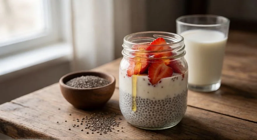 mejor forma de tomar chia, Vaso de chia pudding con fresas y miel sobre mesa de madera