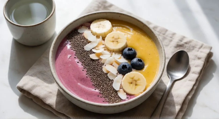 mejor forma de tomar chia, Bowl de batido con semillas de chía, plátano y arándanos en vista cenital