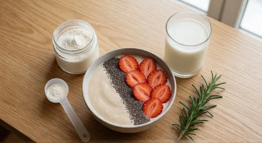 mejor forma de tomar colageno, Desayuno con batido y frasco de colágeno hidrolizado sobre mesa de madera