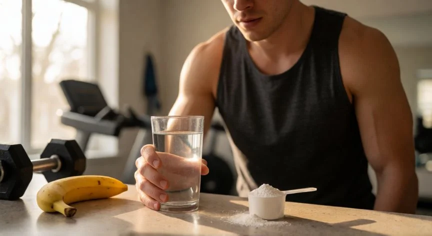 mejor forma de tomar creatina, Hombre tomando creatina disuelta en agua junto a un plátano en su gimnasio de casa