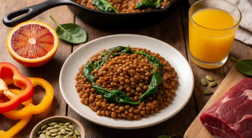 Plato de lentejas con espinacas rodeado de fuentes de vitamina C y hierro