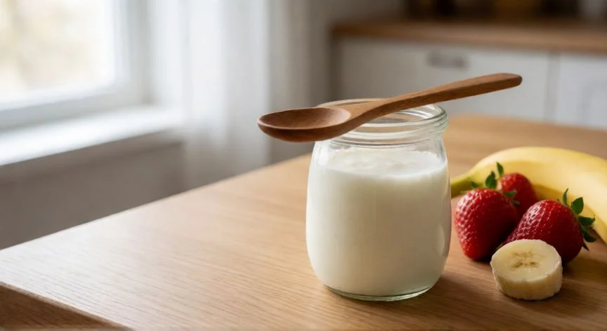 mejor forma de tomar kefir, Vaso de kéfir de leche con fruta fresca sobre mesa de madera en una cocina luminosa