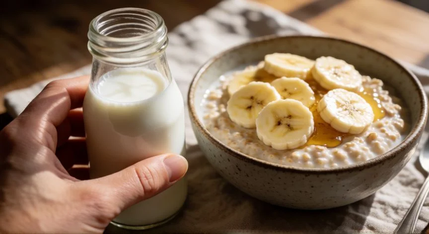 mejor forma de tomar kefir, Manos sosteniendo botella de kéfir junto a cuenco de avena con plátano y miel en un desayuno saludable