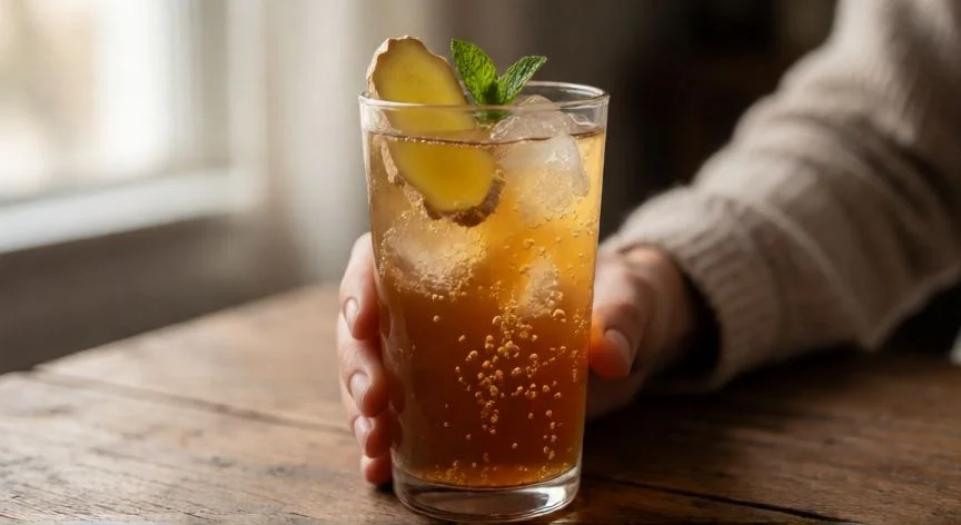 Vaso de kombucha fría con hielo, jengibre y menta sobre mesa de madera