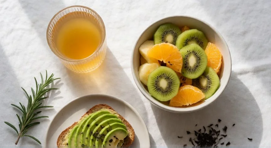 mejor forma de tomar kombucha, Desayuno saludable con kombucha, fruta fresca y tostada de aguacate