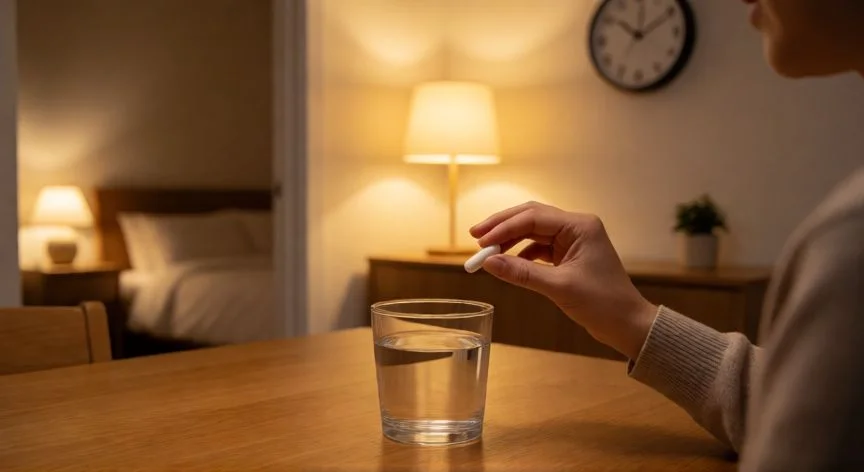 mejor forma de tomar magnesio, Persona tomando suplemento de magnesio por la noche con un vaso de agua antes de dormir