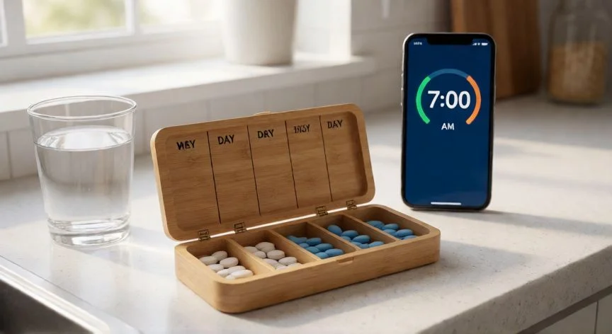 Organizador semanal de pastillas con tres tomas por día junto a un vaso de agua y un móvil con alarma.