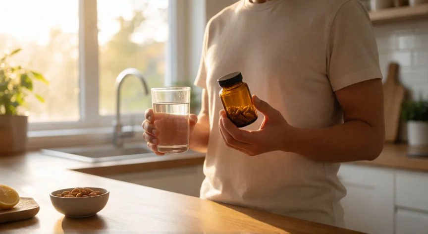 mejor forma de tomar nad, Persona tomando suplemento de NAD+ en ayunas por la mañana en una cocina luminosa