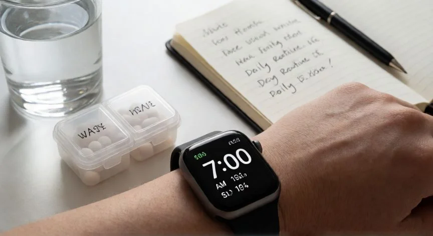 mejor forma de tomar nad, Organizador de suplementos y reloj marcando la hora ideal para tomar NAD+ por la mañana