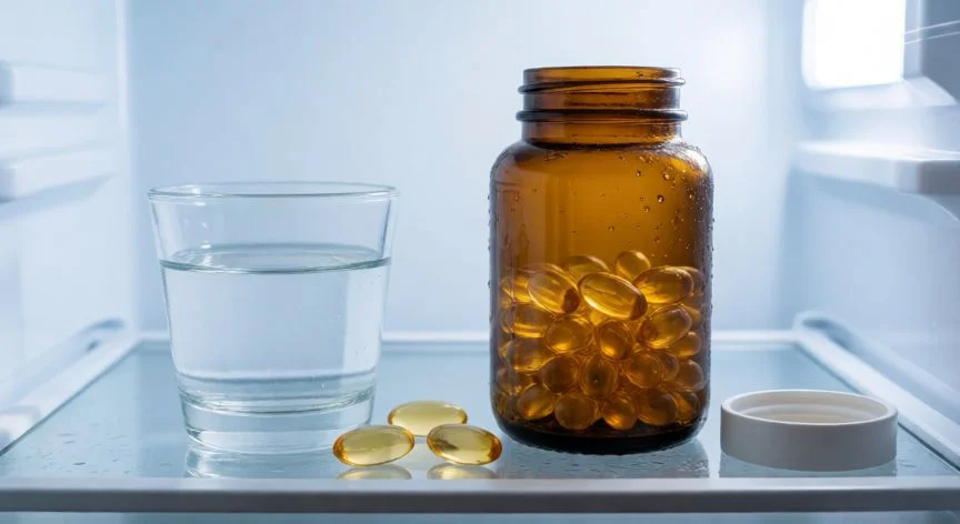 mejor forma de tomar omega 3, Botella de omega 3 conservada en el frigorífico junto a un vaso de agua