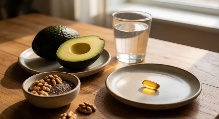 mejor forma de tomar omega 3-6-9, Mesa con aguacate, frutos secos y cápsula de omega 3 para tomar con comida