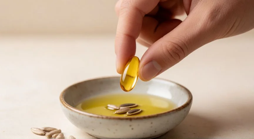 mejor forma de tomar omega 3-6-9, Cápsula de omega 3-6-9 sobre un bol con aceite de oliva y semillas