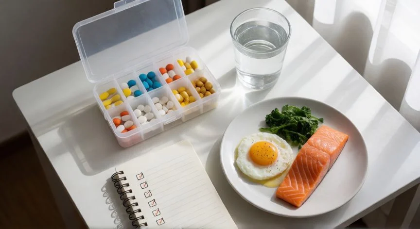 mejor forma de tomar vitamina b12, Mañana saludable con desayuno proteico y organizador de suplementos de vitamina B12