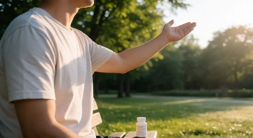 mejor forma de tomar vitamina d, Persona tomando el sol matutino junto a un suplemento de vitamina D3