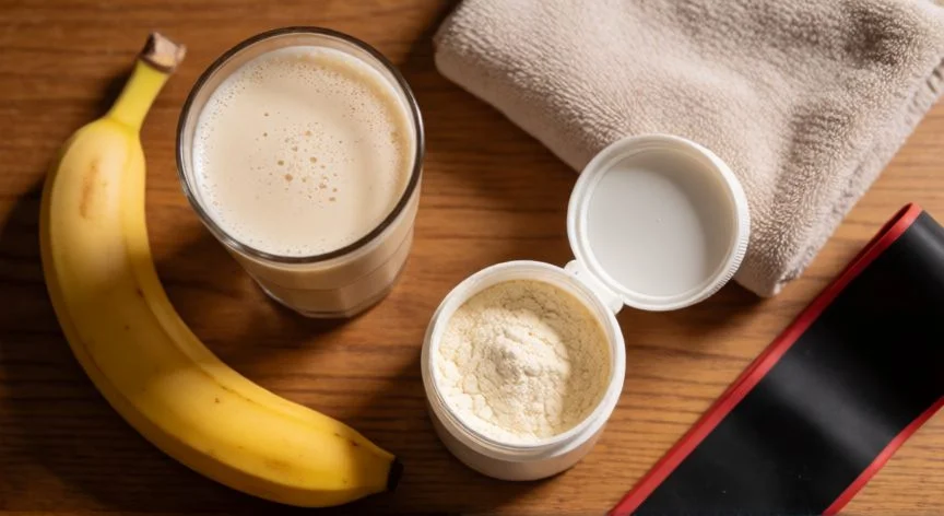 mejor forma de tomar whey protein, Rutina post-entreno con whey protein, plátano y complementos sobre una mesa de madera