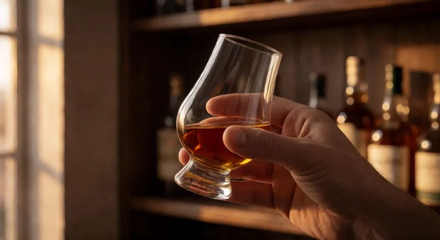 mejor forma de tomar whisky, Copa Glencairn con whisky ámbar inclinada a 45 grados mostrando las lágrimas del líquido
