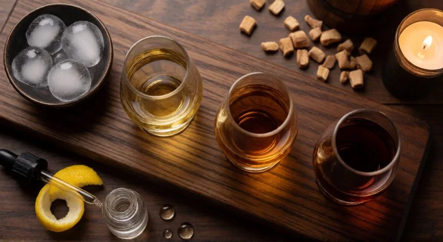 mejor forma de tomar whisky, Trío de copas degustación con whiskeys de distintos colores sobre tabla de madera oscura