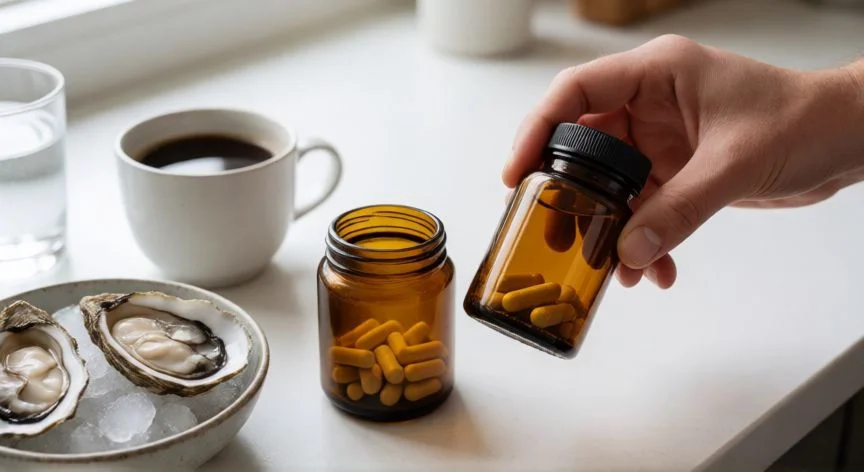 mejor forma de tomar zinc, Suplemento de picolinato de zinc junto a ostras y café en una encimera