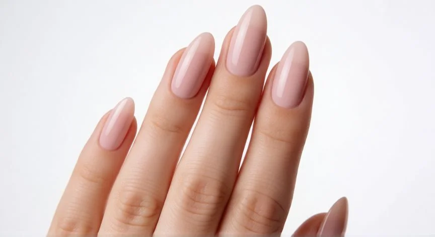 mejor forma de uñas, Mano con uñas en forma de almendra con esmalte tono nude, ejemplo de manicura elegante