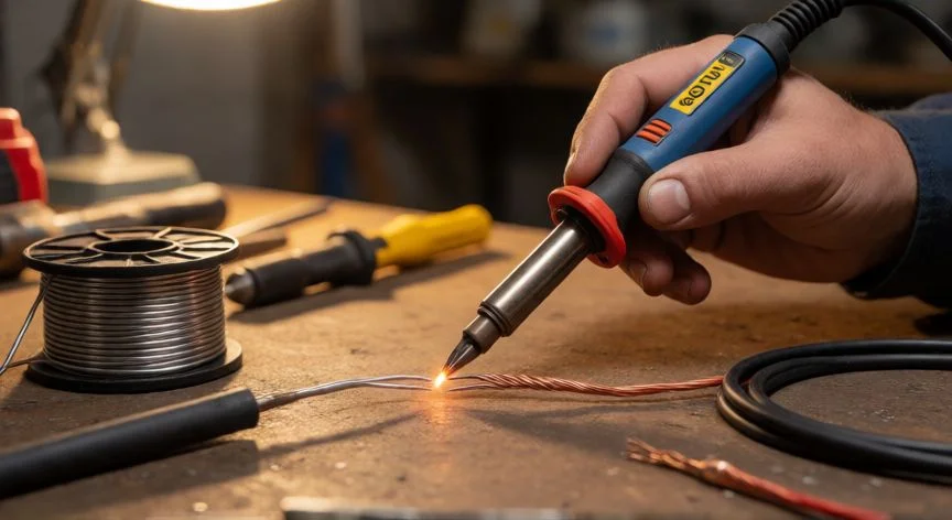 mejor forma de unir cables eléctricos, Soldadura de cables eléctricos con estaño en banco de trabajo